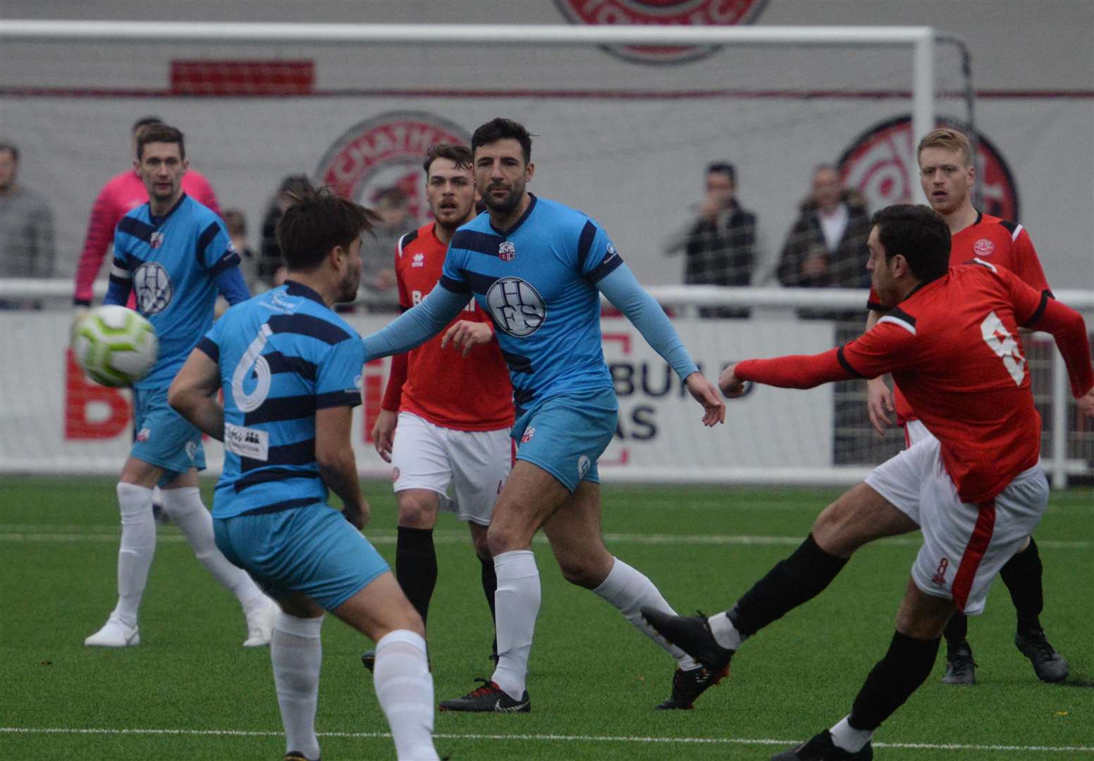 Chatham midfielder Jack Evans goes for goal against Sheppey Picture: Chris Davey