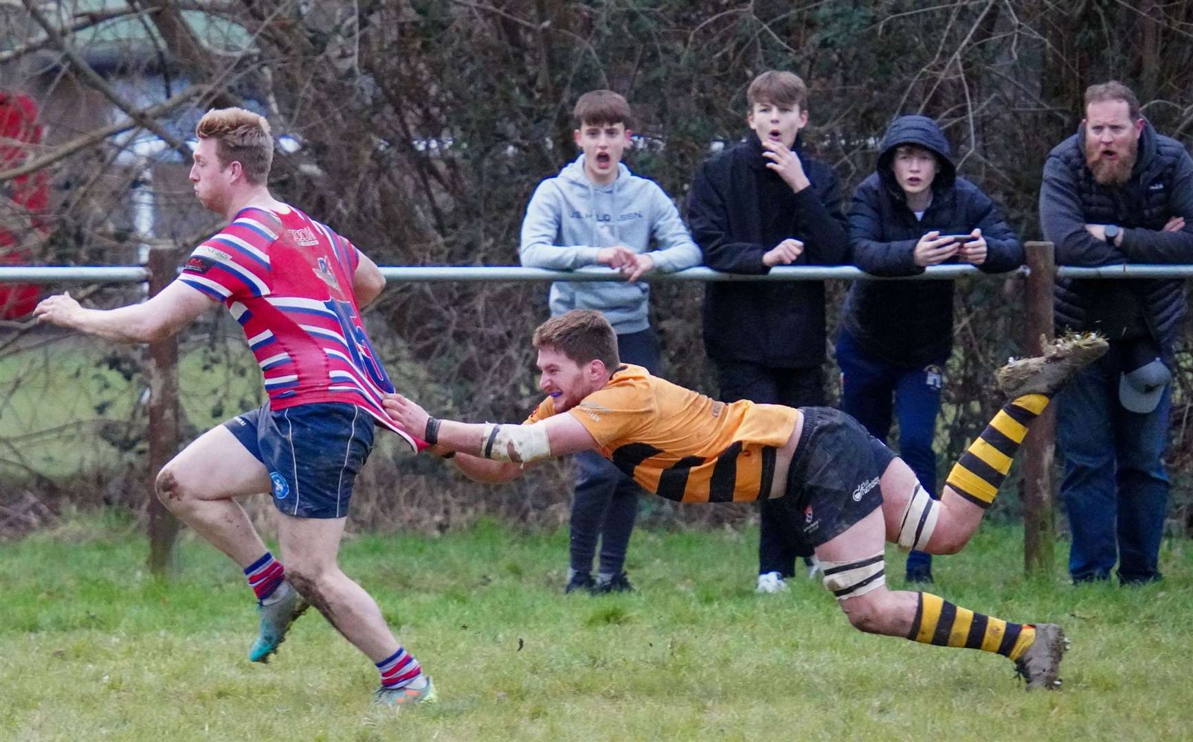 Tonbridge's Howard Packman powers his way to the try line despite Canterbury's efforts Picture: Adam Hookway