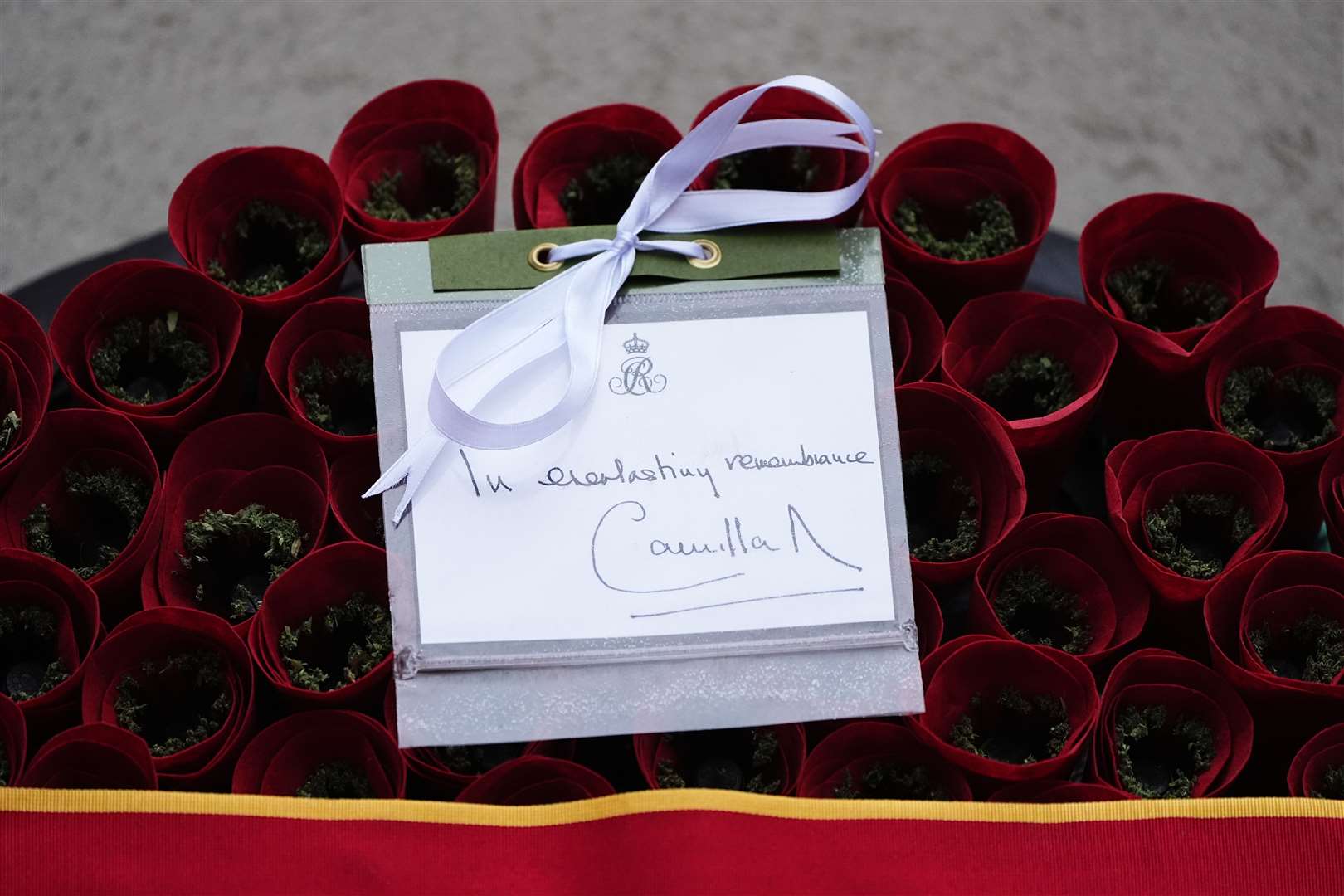 A message from Camilla on her wreath which was placed at the Cenotaph by her equerry (Aaron Chown/PA)