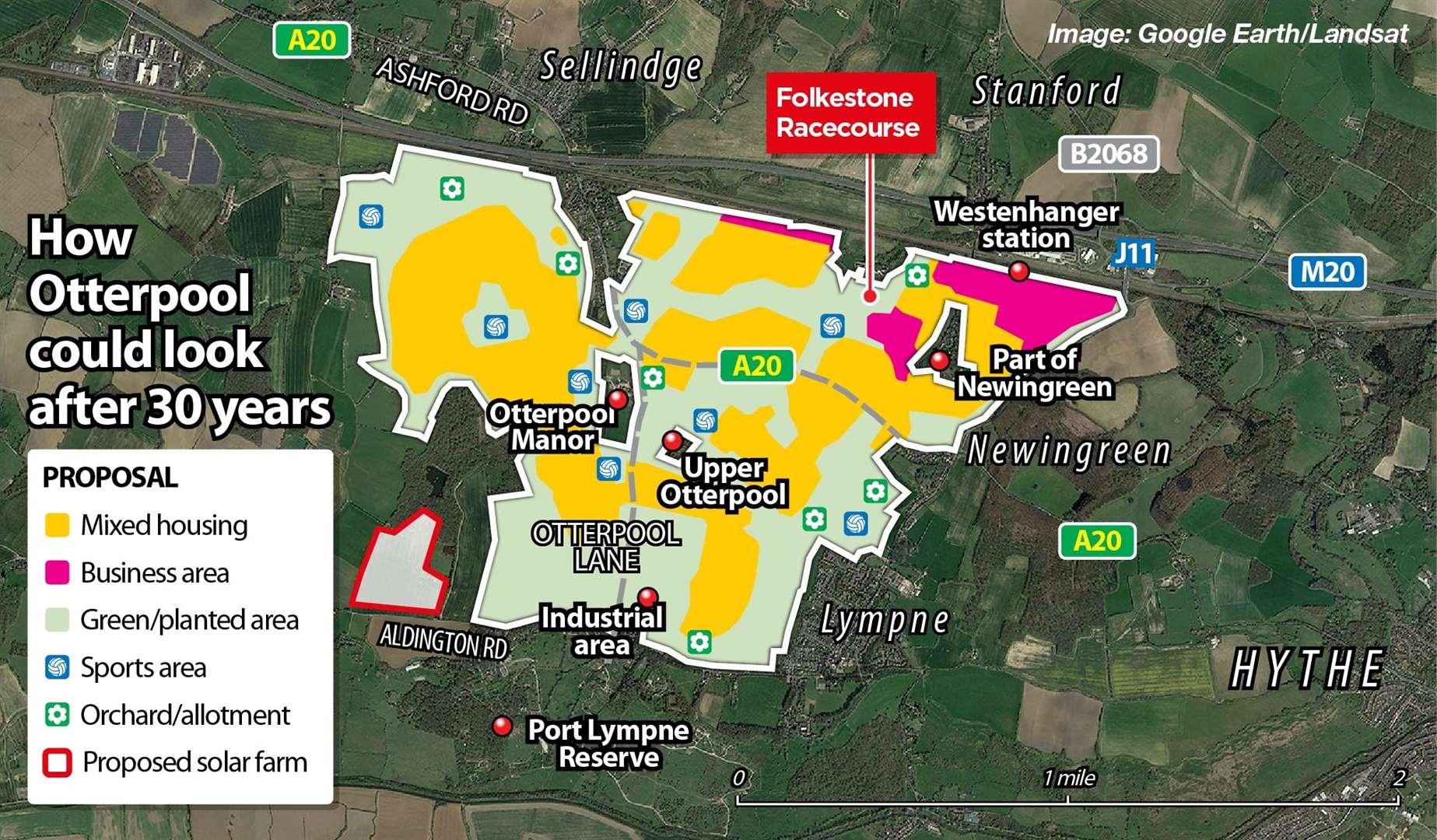 A map showing what Otterpool could look like after 30 years, and where a solar farm linked to it could go in Court-At-Street in Lympne, Folkestone