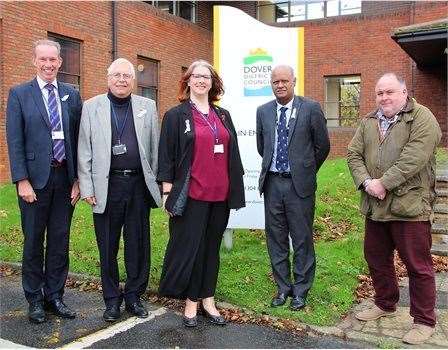 Leading White Ribbon supporters. From left , Cllr Trevor Bartlett, Cllr Michael Conolly, Cllr Charlotte Zosseder, council chief executive Nadeem Aziz, Cllr Kevin Mills. Picture: Dover District Council