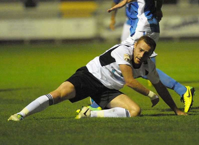 Dartford striker Harry Crawford goes to ground against Eastleigh Picture: Steve Crispe