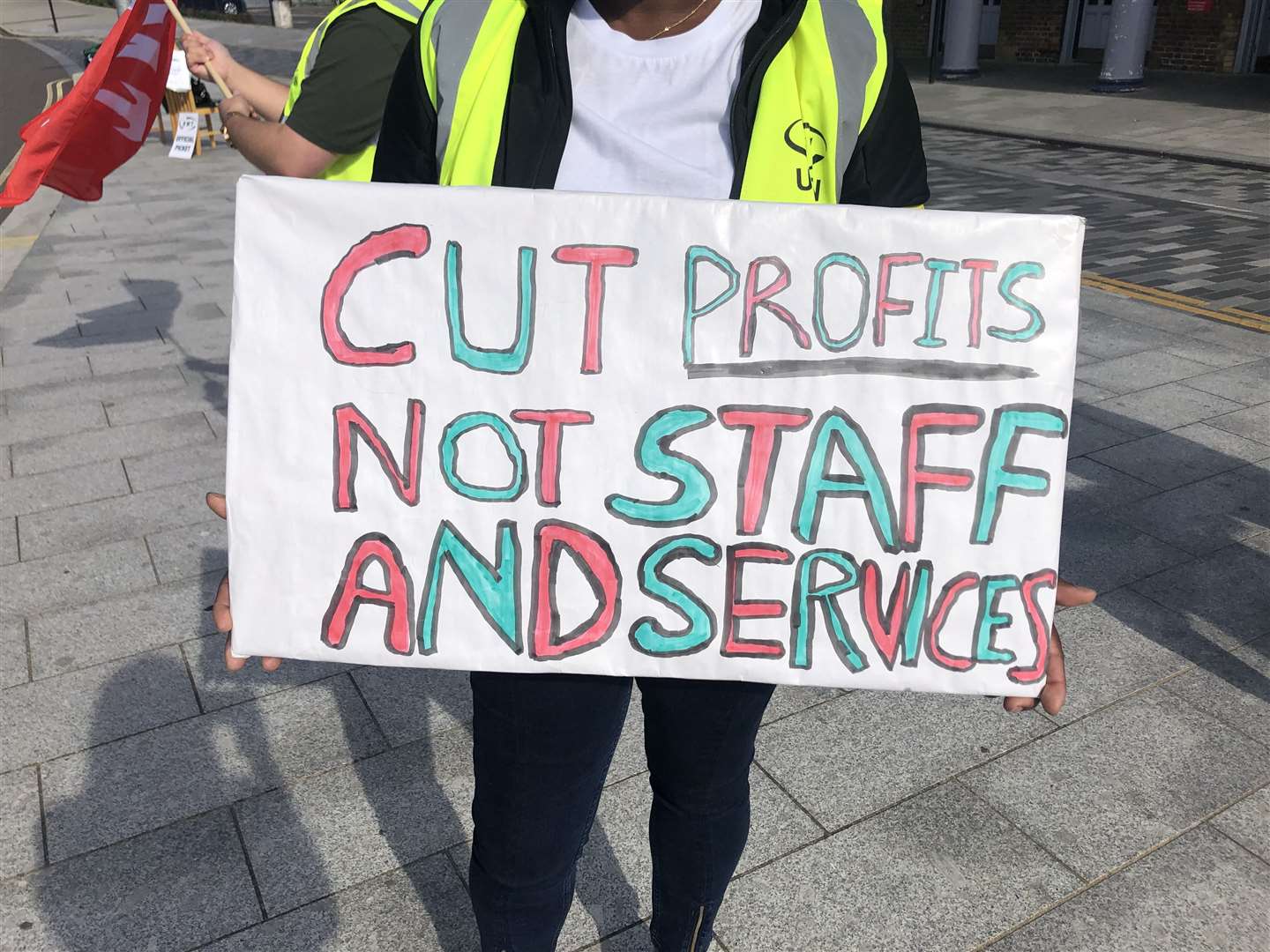 Workers outside Gravesend train station at an official picket on the first day of rail strikes