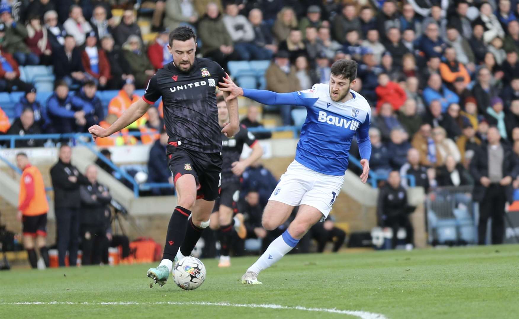 Ashley Nadesan challenges for the ball in the first half as Gillingham play Wrexham Picture: Beau Goodwin