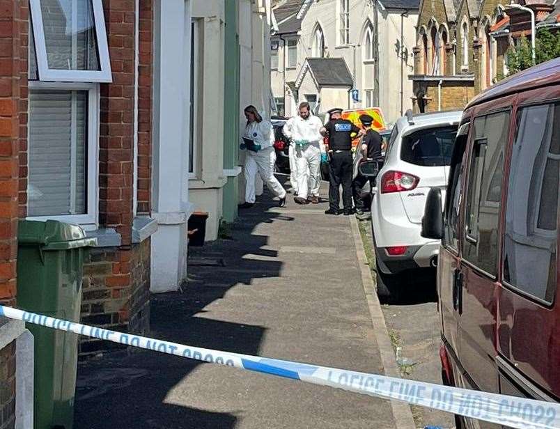 Forensics at the scene in Alexandra Road, Sheerness, on Tuesday afternoon. Picture: Joe Crossley