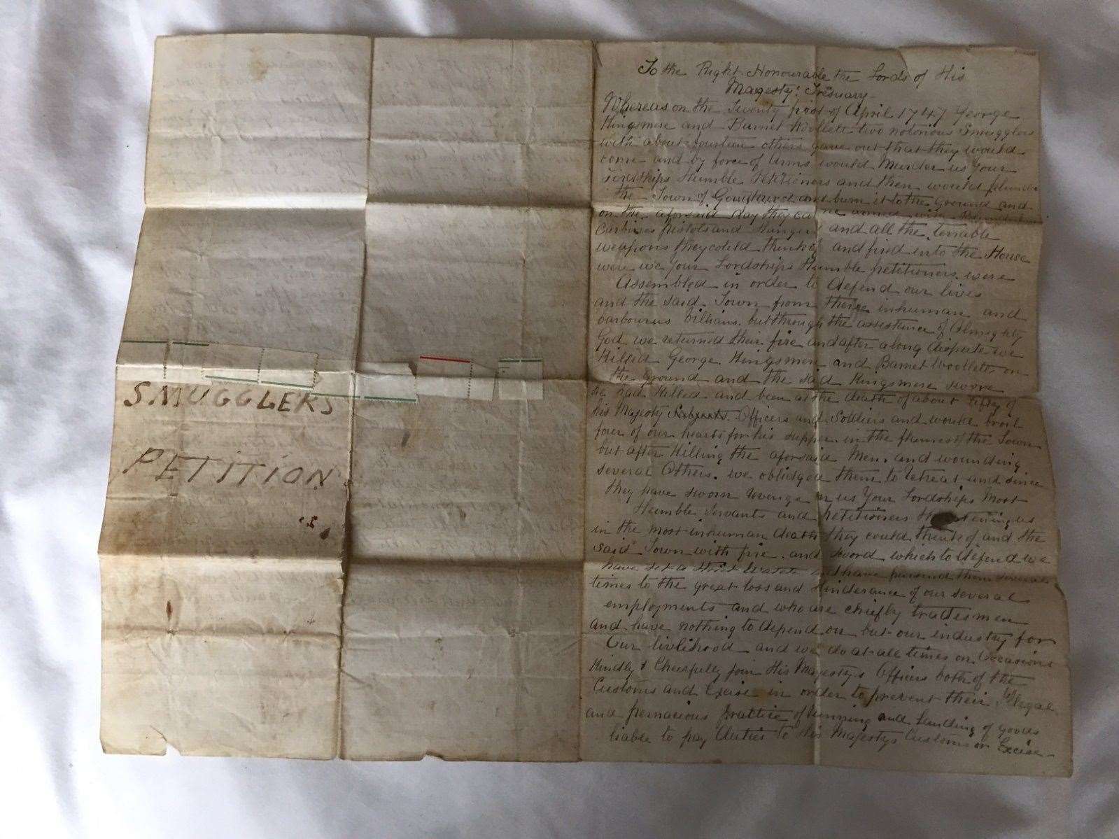 A handwritten petition seeking a reward for informing on the Hawkhurst Gang