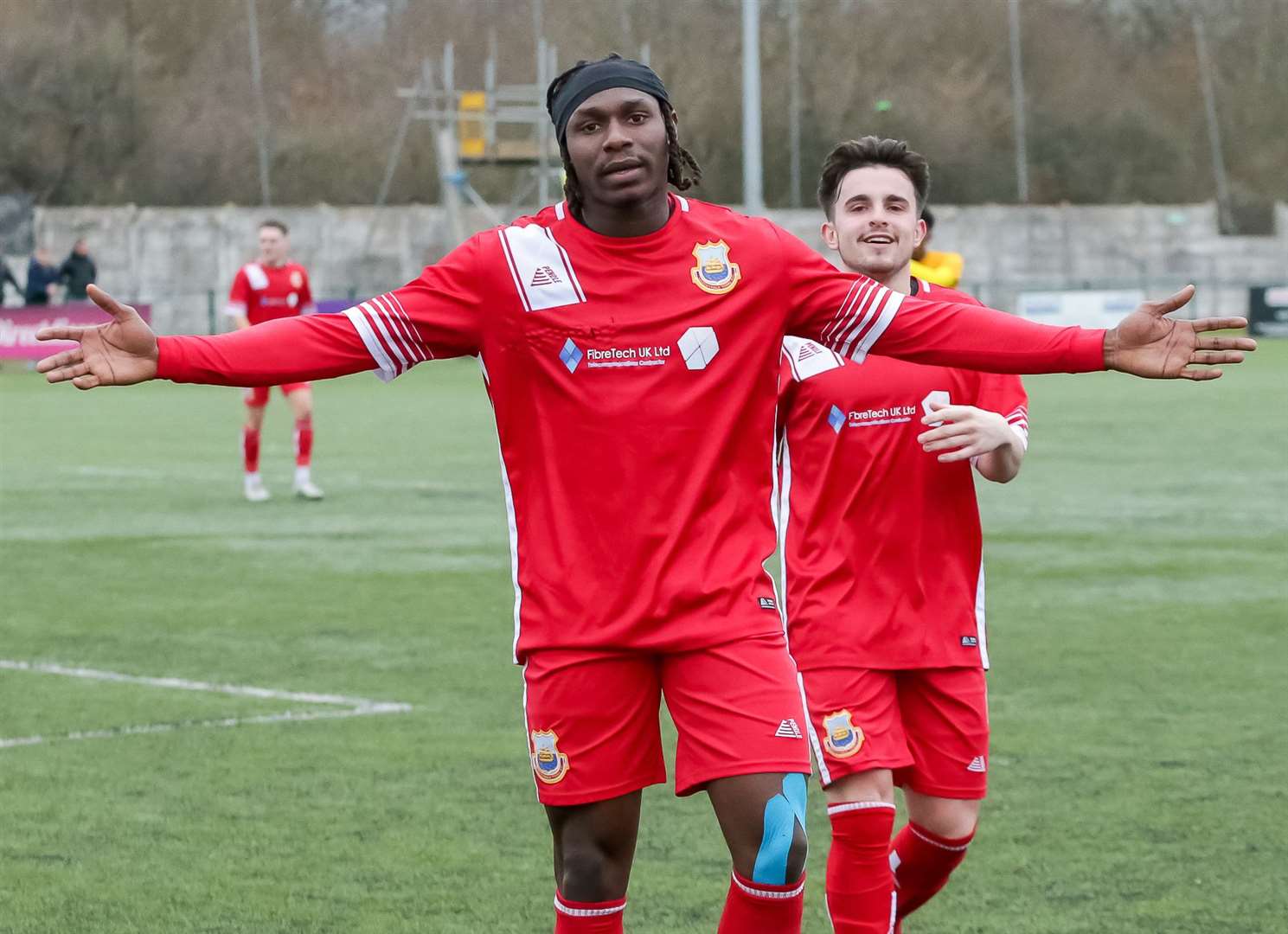 Whitstable midfielder Jefferson Aibangbee celebrates one of his two goals at Kennington. Picture: Les Biggs