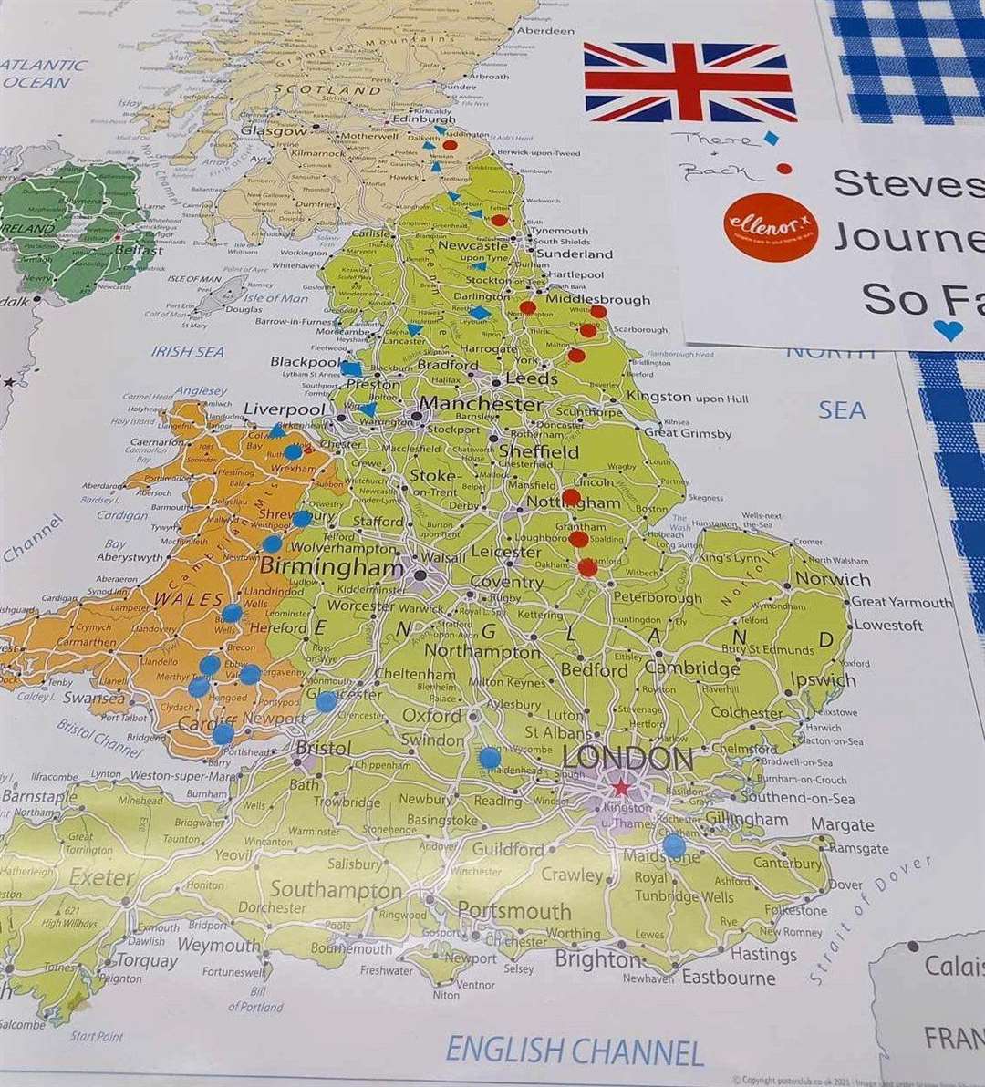 Steve Saunders' tour map around the UK. Picture: SWNS