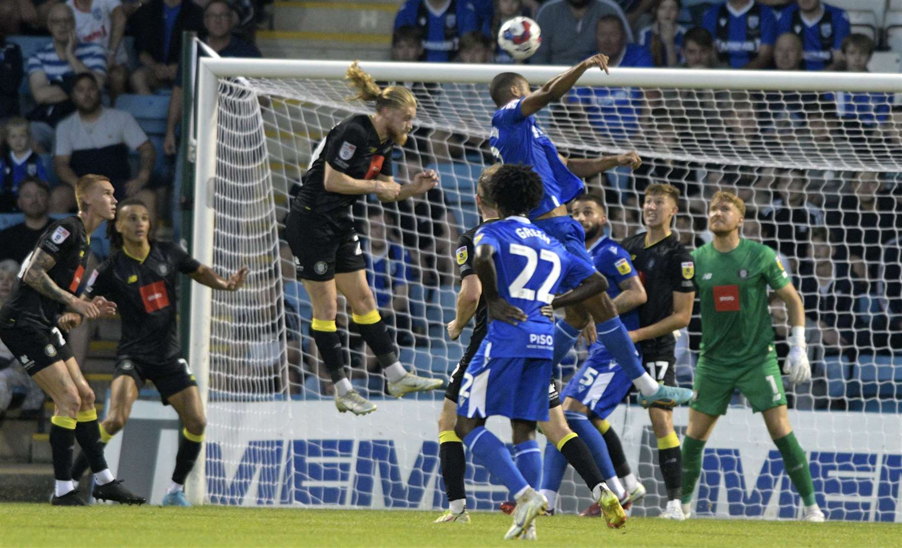 Gillingham's Mikael Mandron goes for goal against Harrogate with this header earlier in the season. Picture: Barry Goodwin