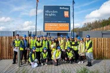 Students from North Kent College with Bellway Kent Technical Manager Tom Jones at Bellway’s Alkerden Heights development in Ebbsfleet Garden City. Picture: Bellway