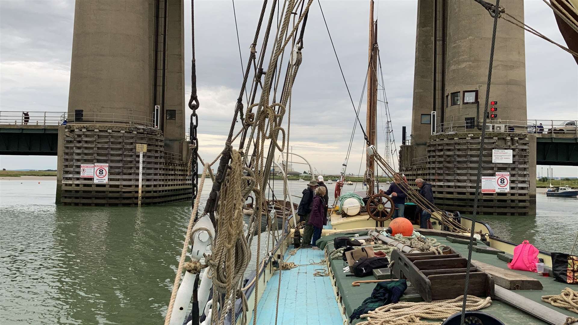 Tricky manoeuvre as the Edith May prepares to sail under the Kingsferry Bridge