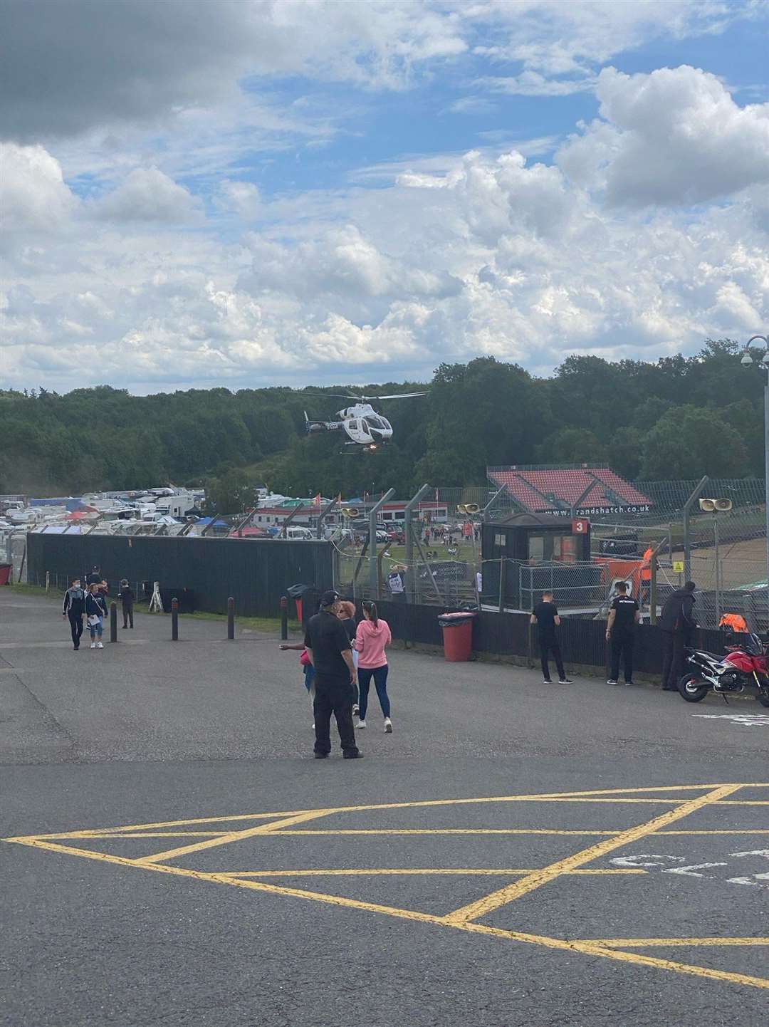 The air ambulance at the scene of the crash at Brands Hatch. Picture: @FlooringKimpton/Twitter