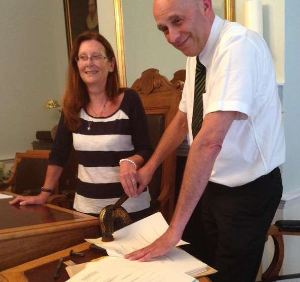 Tenterden's mayor Cllr Pam Smith and town clerk Phil Burgess, pictured signing the section 106 agreement for the Tent1 housing development