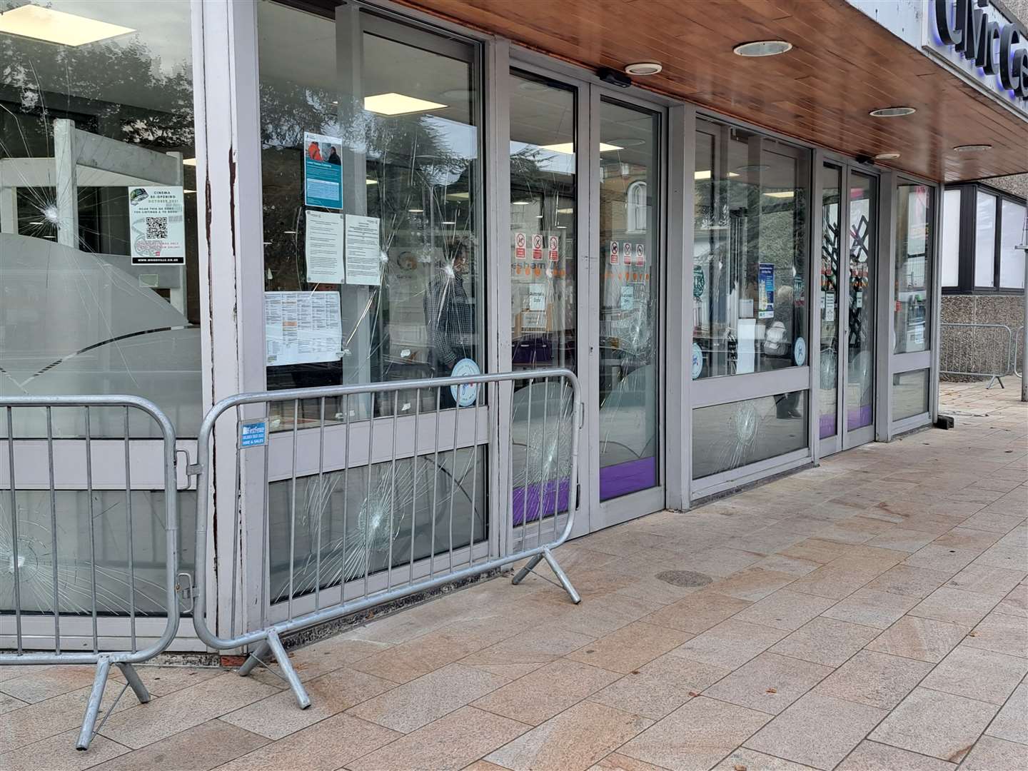 Smashed windows at The Woodville and Gravesham Civic Centre in Windmill Street, Gravesend.