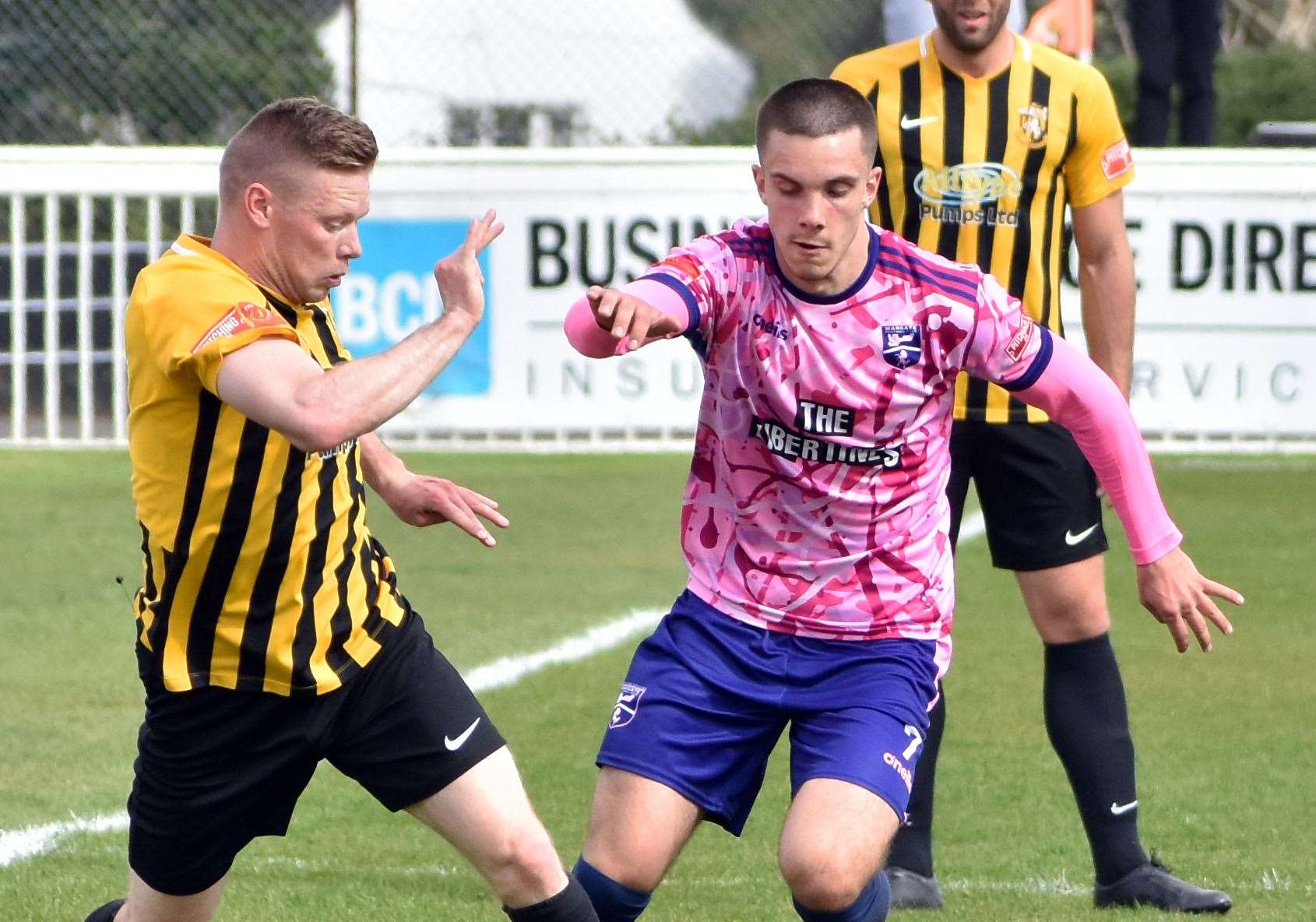 Ex-Margate midfielder Benas Vaivada, right, scored the Aveley winner off the bench against Invicta. Picture: Randolph File