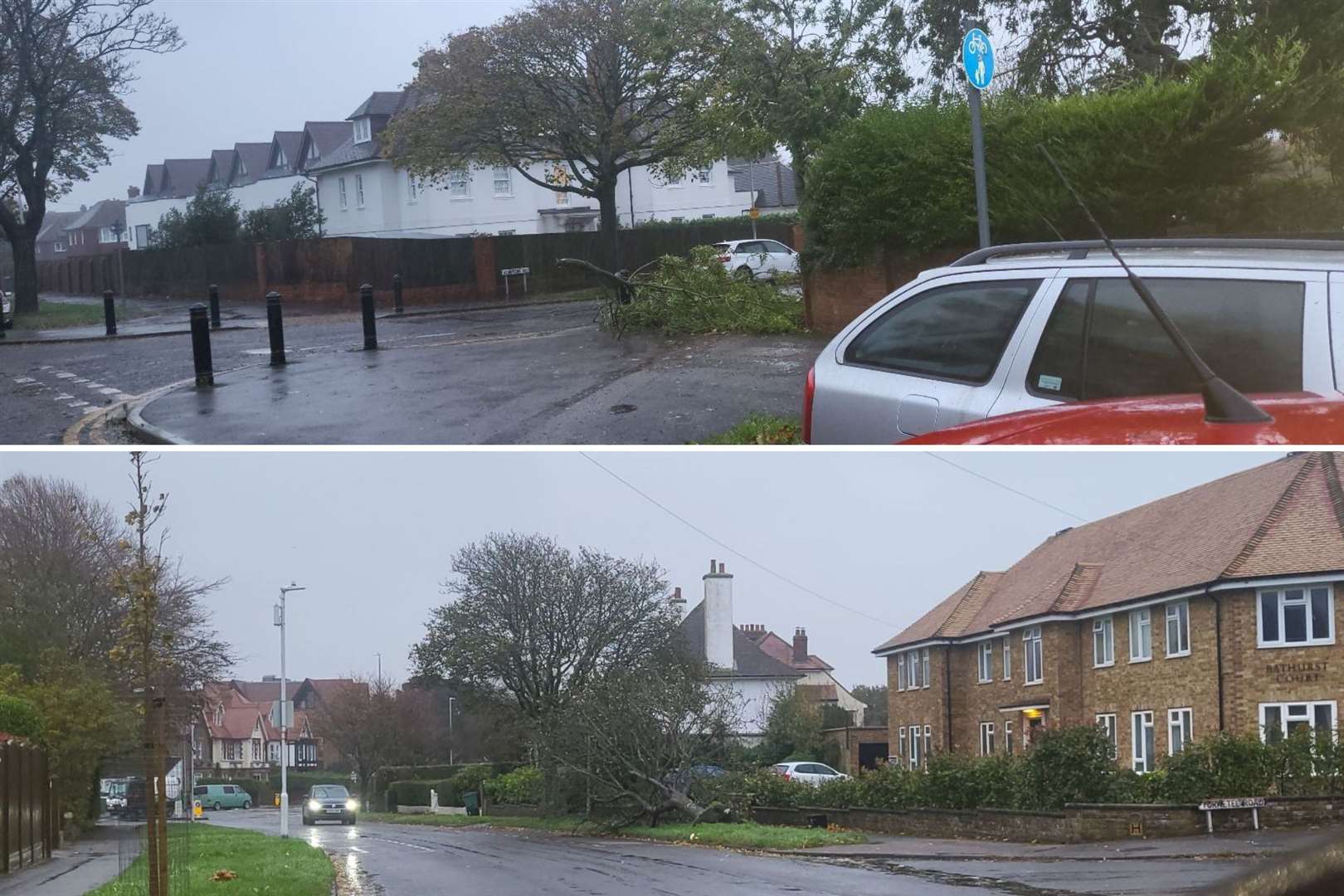 Fallen trees have also been pictured in Bathurst Road (bottom) and Earls Avenue (top), Folkestone