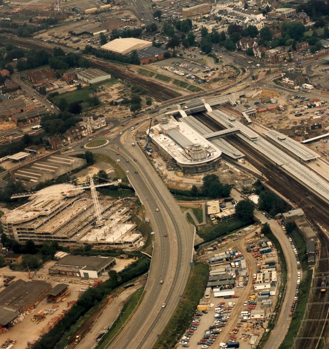 An aerial view of Ashford International station in 1995, with construction work underway