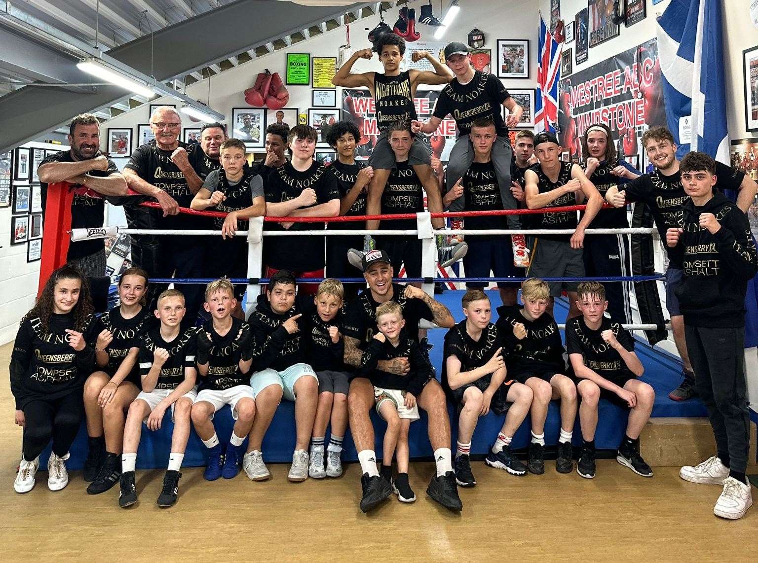 Sean Noakes (front row, centre) with youngsters in their Team Noakes T-shirts at Westree ABC