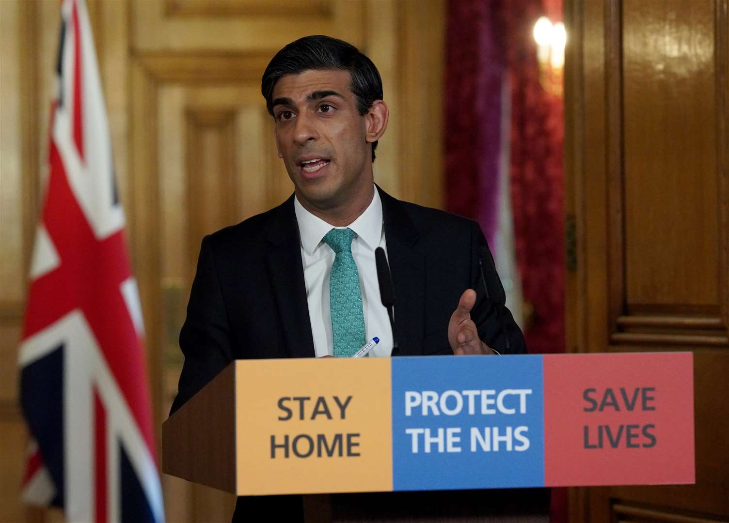 Chancellor Rishi Sunak holding a digital Covid-19 press conference in 10 Downing Street (10 Downing Street/Crown copyright/Pippa Fowles/PA)