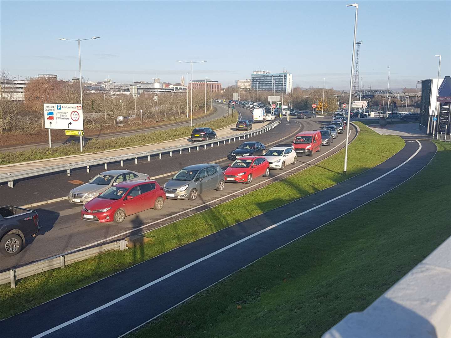 Cars are backed up from the town centre