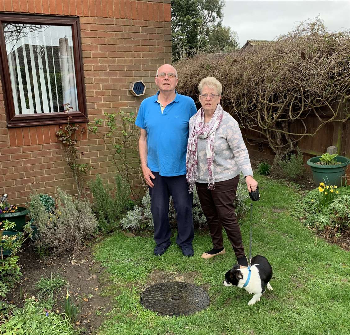 Retired couple Fraser and Christeen Miller with their dog, Freddy