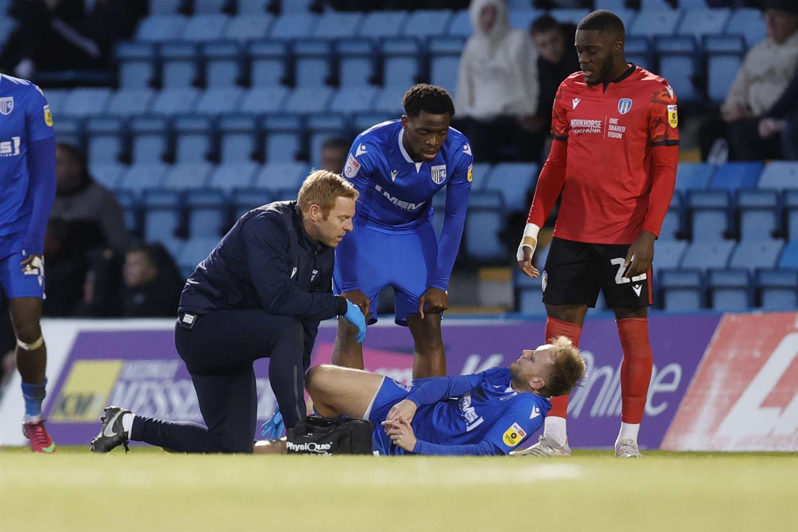 Ben Reeves injured for Gillingham against Colchester United Picture: KPI