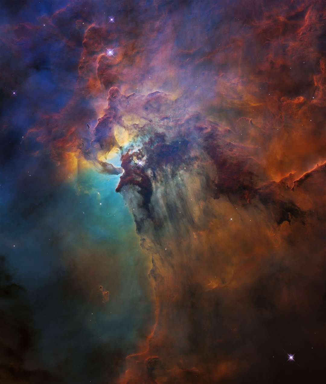 Image captured by the Hubble Space Telescope of the Lagoon Nebula, a vast stellar nursery located 4,000 light-years away on its 28th anniversary (Nasa/PA)