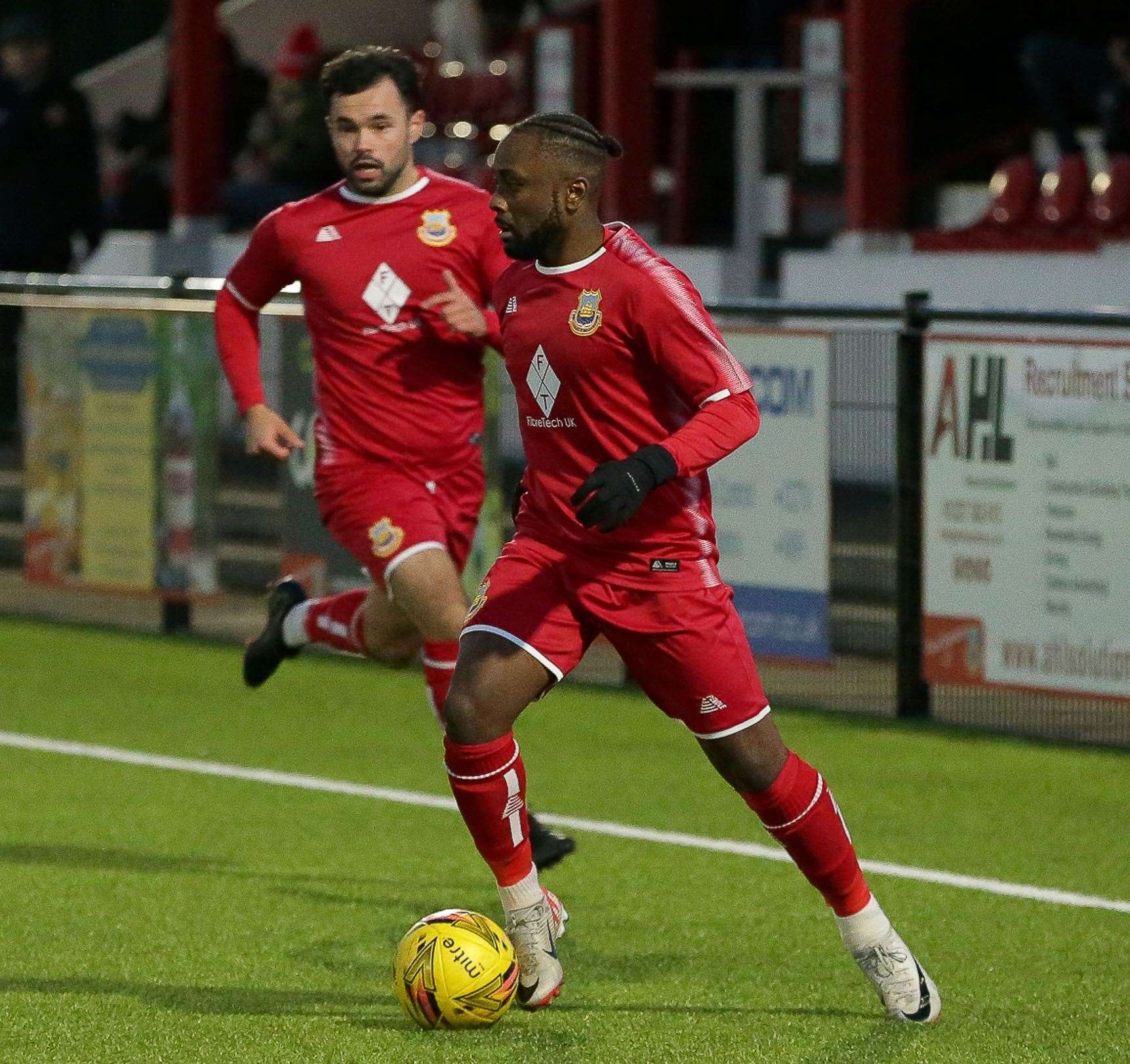 Steadman Callender, who had a first-half goal disallowed, working with Whitstable team-mate George Sheminant. Picture: Les Biggs