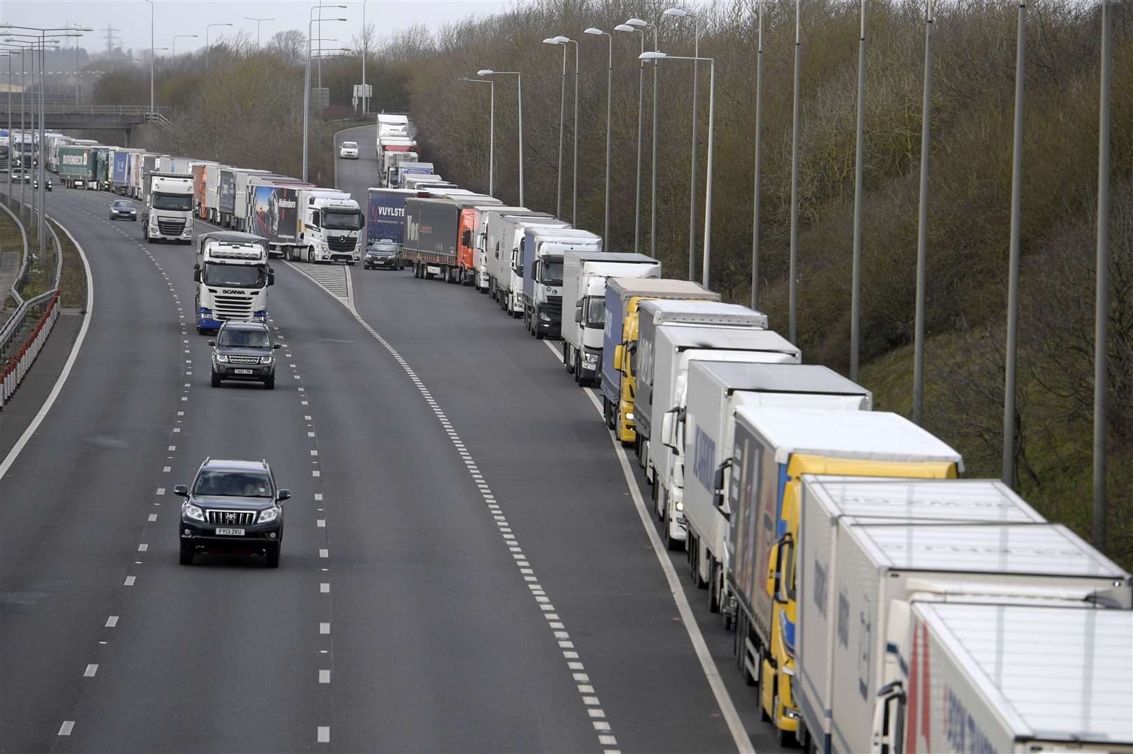 Lorries are backed up for nearly two miles to gain entrance to the Eurotunnel near Folkestone Picture: Barry Goodwin