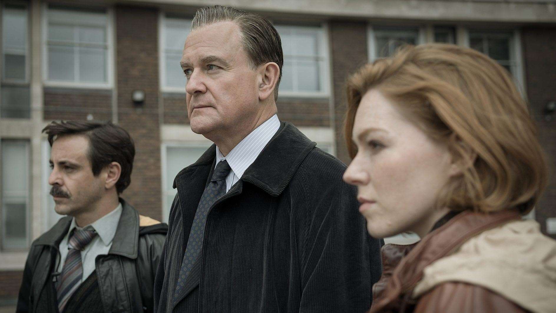 Emun Elliott (L), Hugh Bonneville and Charlotte Spencer are all expected to return in season two of The GOld. Picture: BBC/Tannadice Pictures/Sally Mais