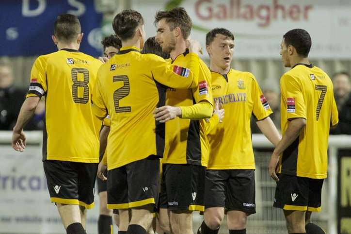 Zac Attwood (centre) is congratulated after opening the scoring against Grays in midweek Picture: Andy Payton