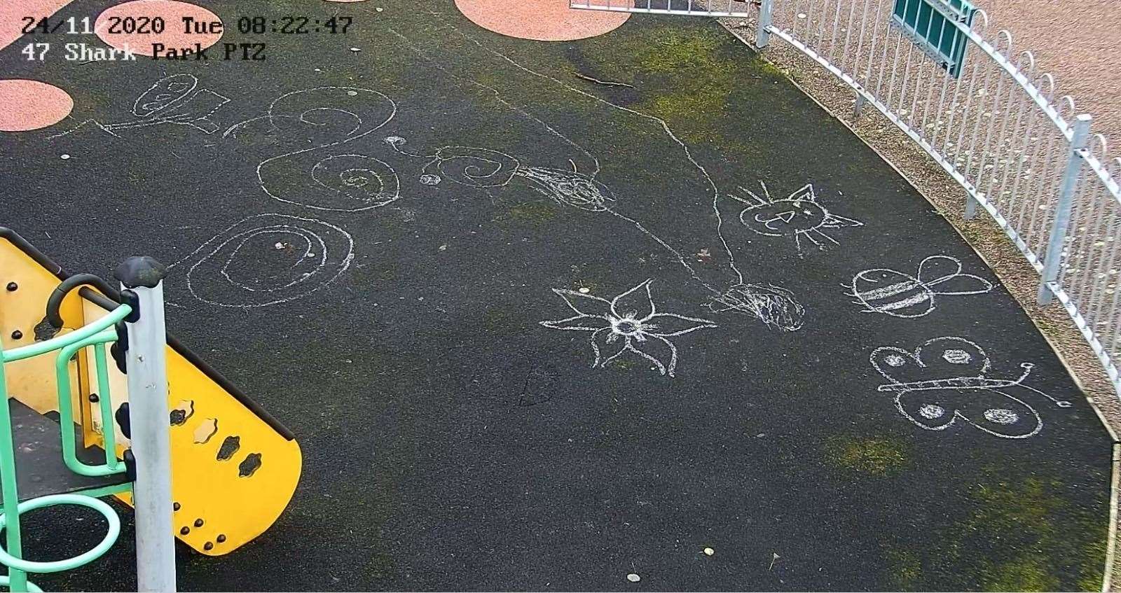 CCTV pictures shared on the Chatham Maritime Trust's post to residents show the drawings on the safety matting in the playground on St Mary's Island