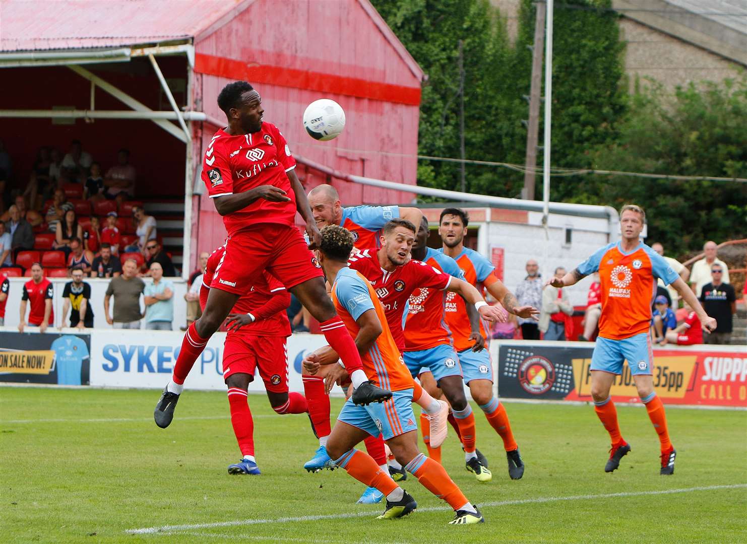 Ebbsfleet's Myles Weston up for a header Picture: Andy Jones