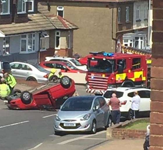 The overturned car in Maidstone Road, Rainham. Picture: Gill Fewins