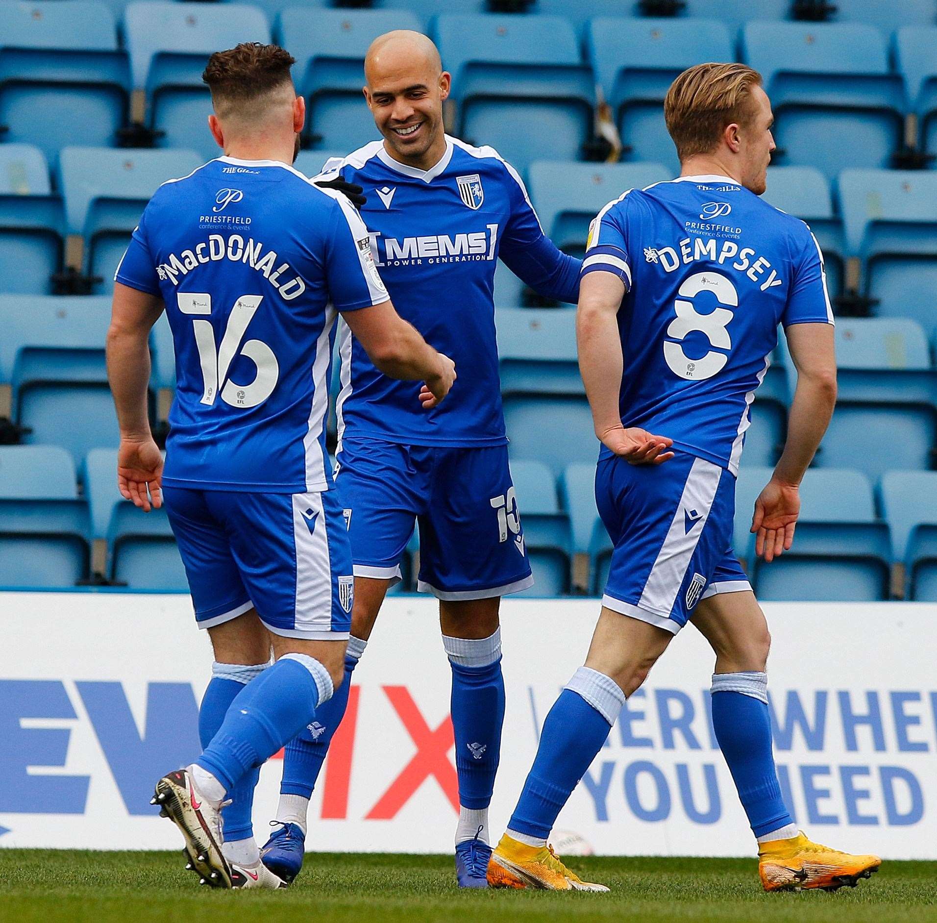 Jordan Graham celebrates scoring the opener for Gillingham on Saturday. Picture: Andy Jones (45335442)