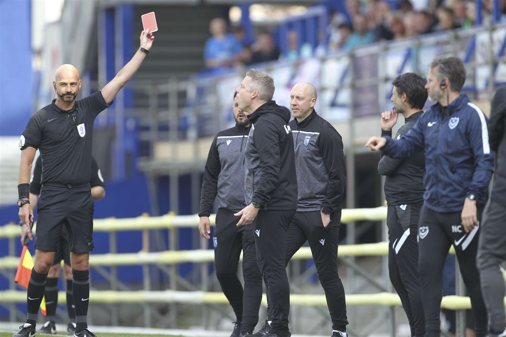 Neil Harris receives a red card by referee Darren Drysdale at Portsmouth Picture: KPI