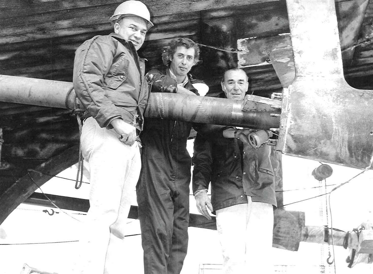 Prop shaft and bracket. Twin prop, wooden hull - likely a Ton Class minesweeper. Picture from the 1970s