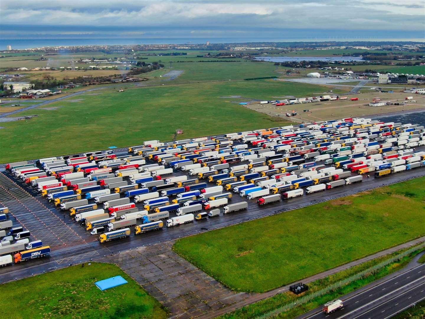 A huge number of lorries parked up on the runway last week. Picture: Swift Aerial Photography