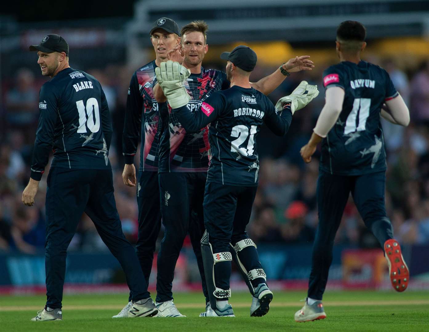 Hardus Viljoen celebrates the wicket of Somerset's Babar Azam. Picture: Ady Kerry