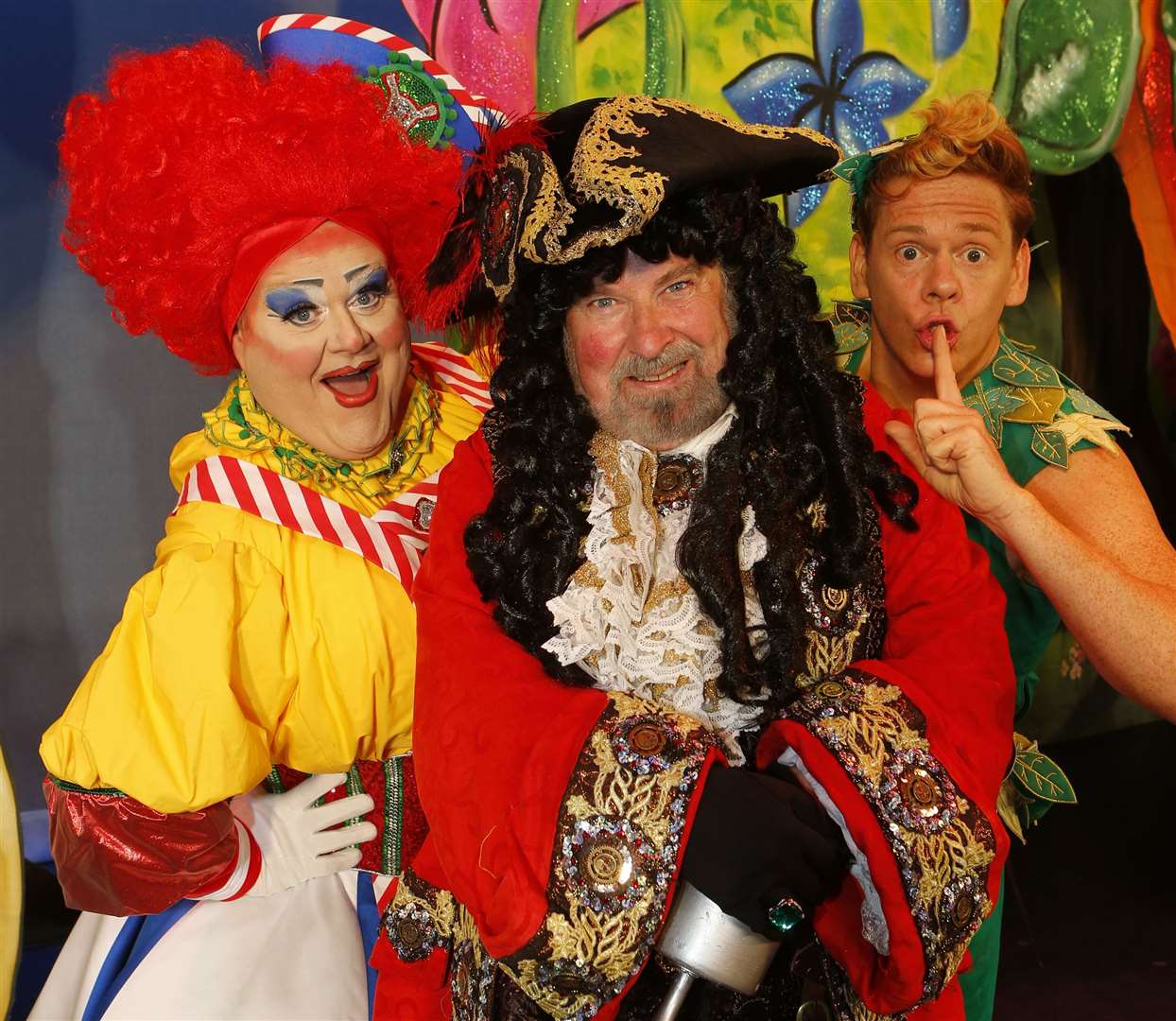 Quinn Patrick (Mrs Smee), Paul Bradley (Captain Hook) & Lloyd Warbey (Peter Pan) at the Assembly Hall Theatre, Tunbridge Wells Picture: Andy Jones