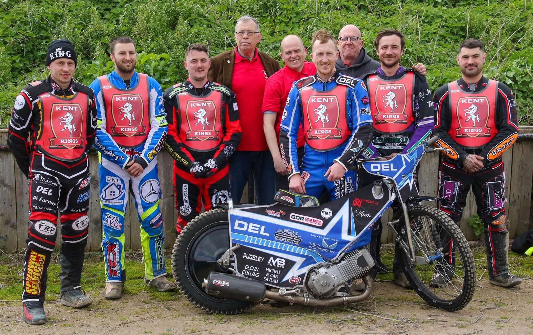 The Kent Kings 2024 squad, from left: Ben Morley, Jack Kingston, Nathan Hargrave, Steve Ribbons (promoter), Ben Clifton (team manager), Rhys Naylor (captain), Derek Barclay (general manager), Sam Woods, Sam Ward Picture: Niall Strudwick