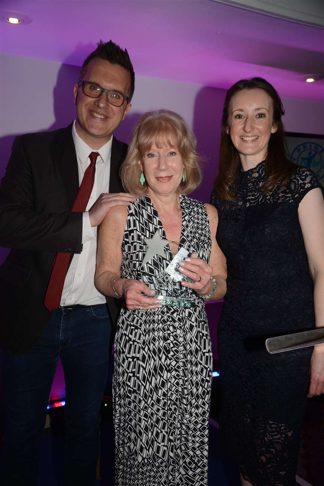 Norma Williams from Medway League of Friends Volunteers with Phil Gallagher and Nicola Everett...Pride in Medway gala final 2018...Bridgewood Manor Hotel, Chatham...Picture: Gary Browne. (1496115)