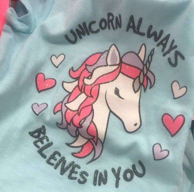 A unicorn top sold by Pep & Co has an obvious spelling mistake on the front