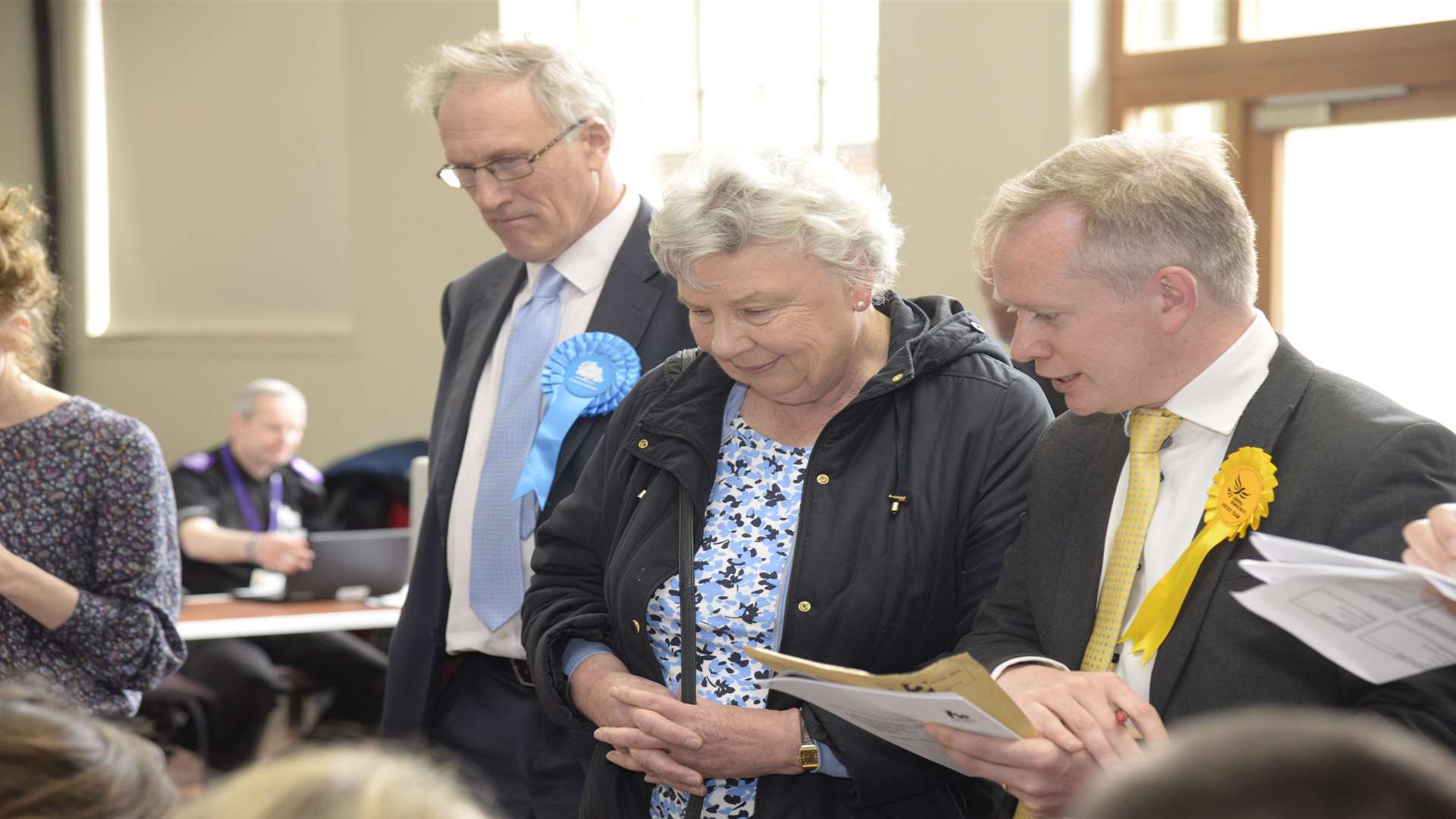 General election candidates Sir Julian Brazier, left, and Lib Dem James Flanagan, right, at the election count in Canterbury.