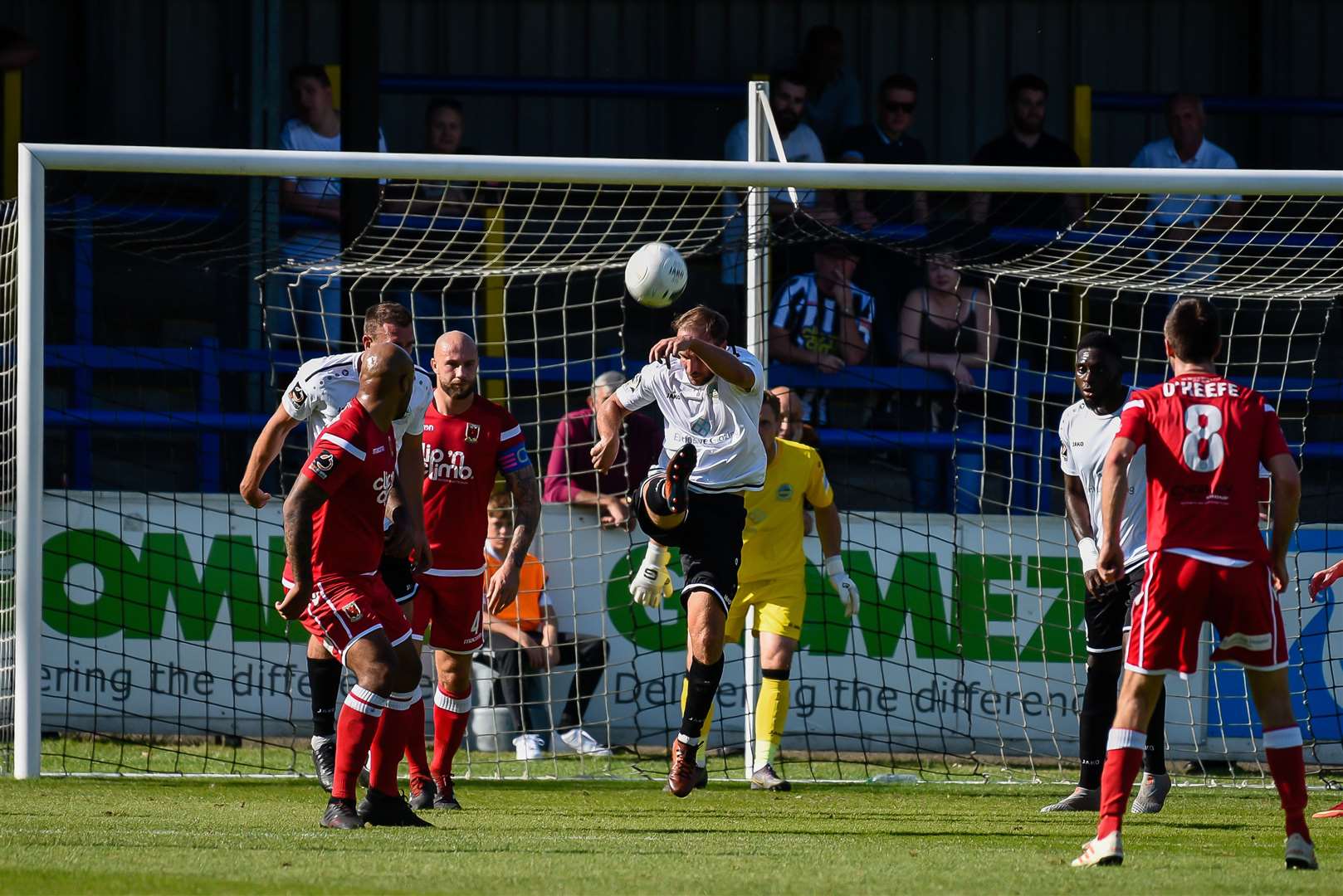 Dover defender Scott Doe clears against Chorley. Picture: Alan Langley