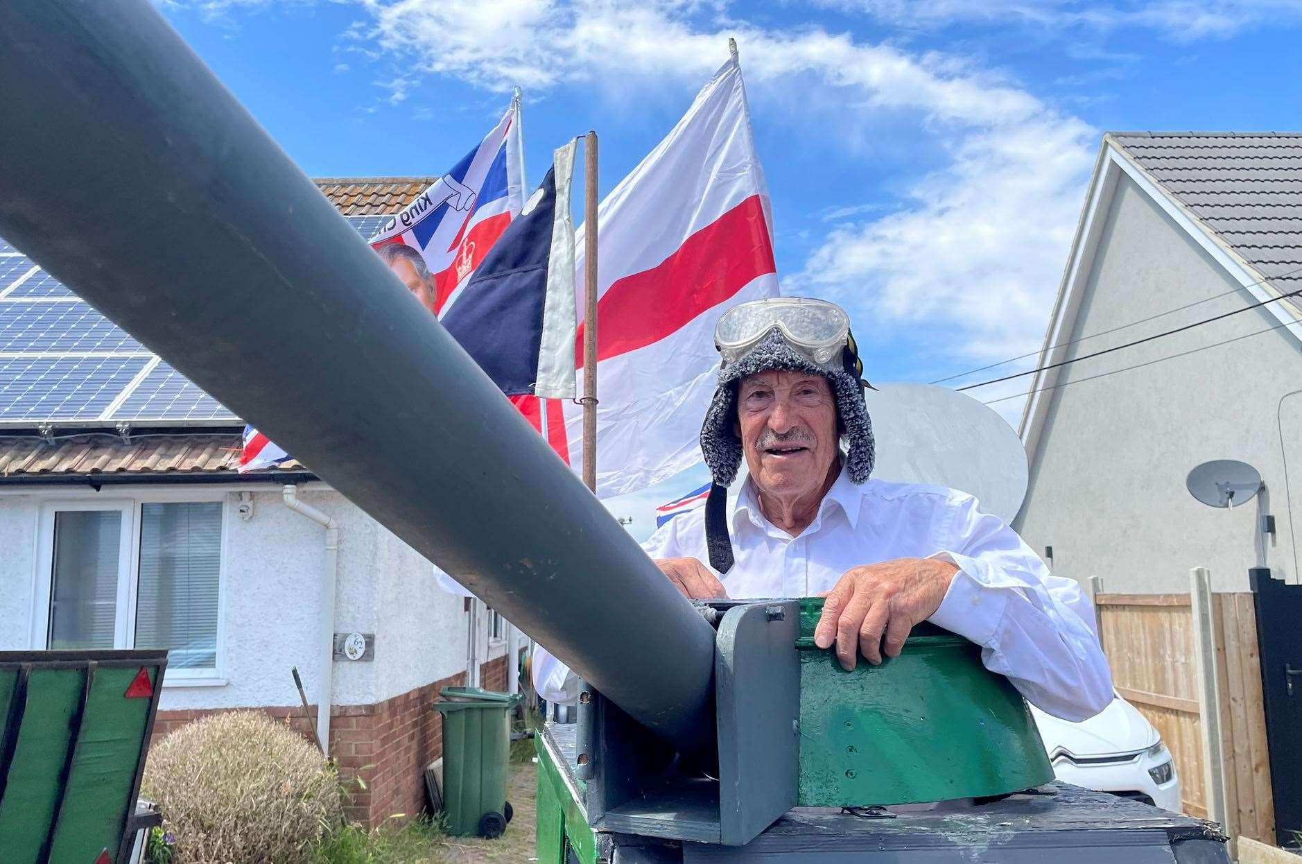 Tim Bell, 79, in his homemade tank at his home in Scrapsgate Road, Minster