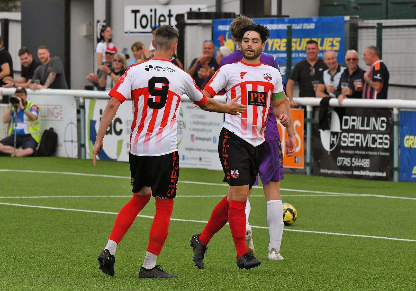 Sheppey’s departed skipper Richie Hamill celebrates a goal with Dan Bradshaw Picture: Marc Richards