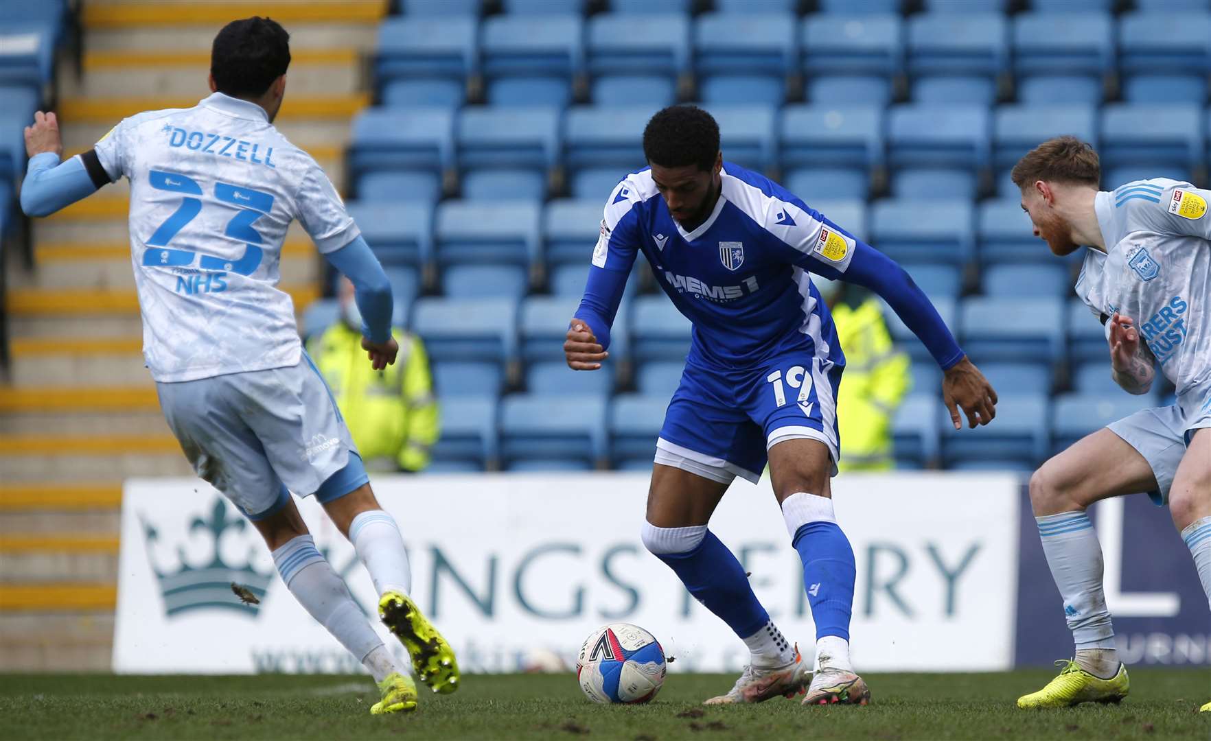 Two-goal Gillingham forward Vadaine Oliver has two Ipswich defenders for company. Picture: Andy Jones