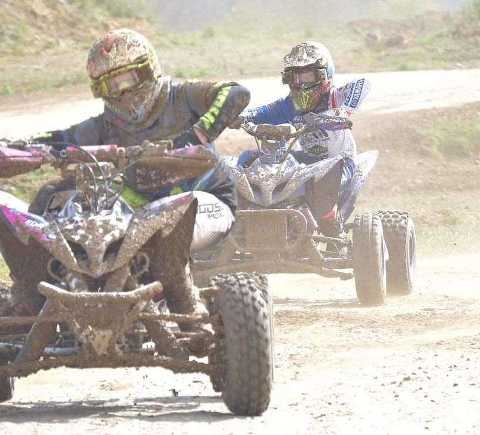 Connor Yates #77 being chased by #30 Louie Holt in the Nora-MX 250cc British Championship at the Grittenham MX in Wiltshire. Picture: Cerys Griffiths