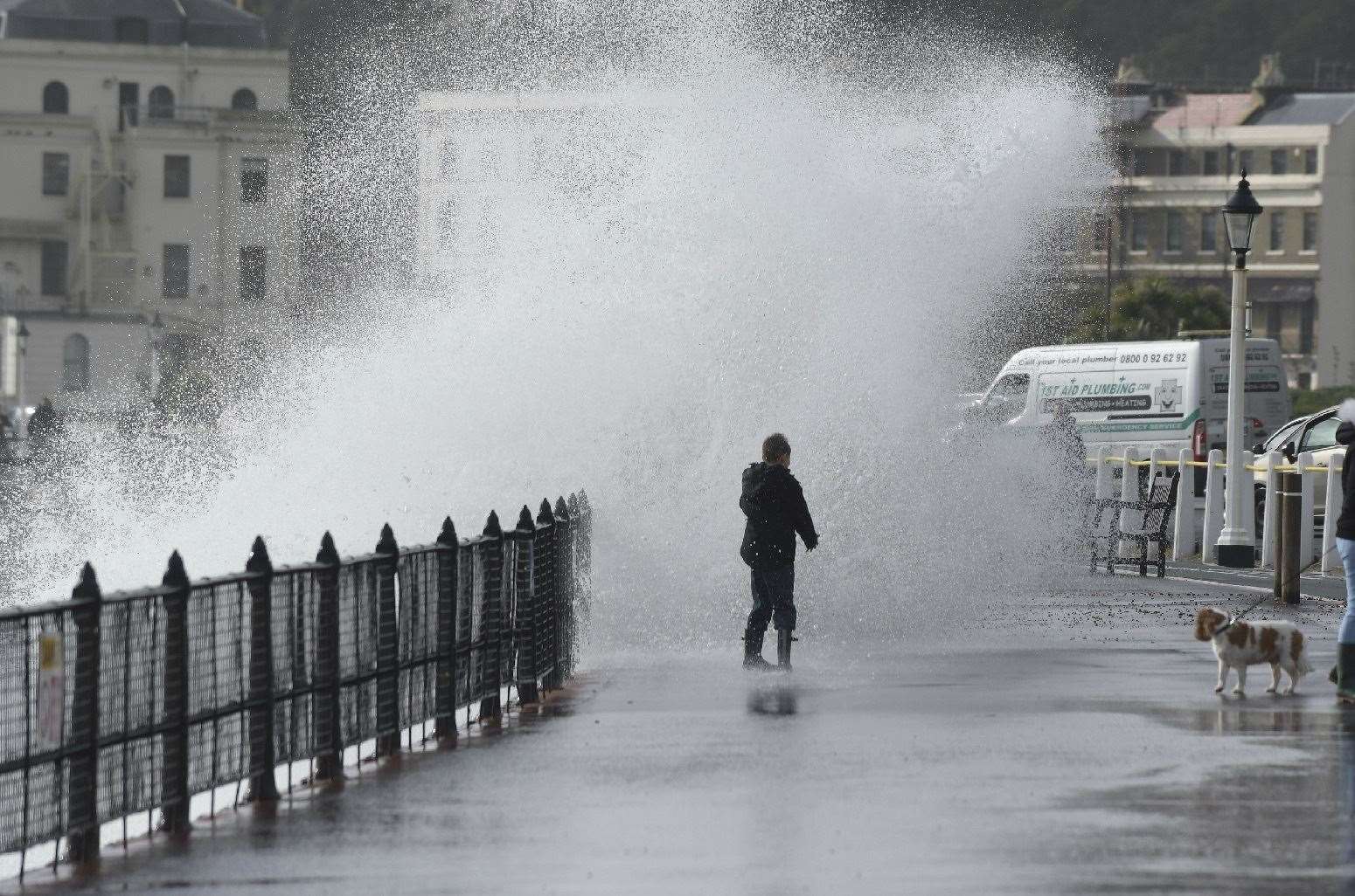 Dover (pictured), St Margaret's Bay, Folkestone and Sandgate may be flooded during a high spring tide today.